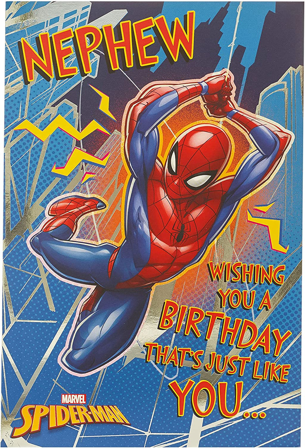 UK Greetings Marvel Spiderman Nephew birthday greeting card featuring Spiderman illustration for a special birthday message.