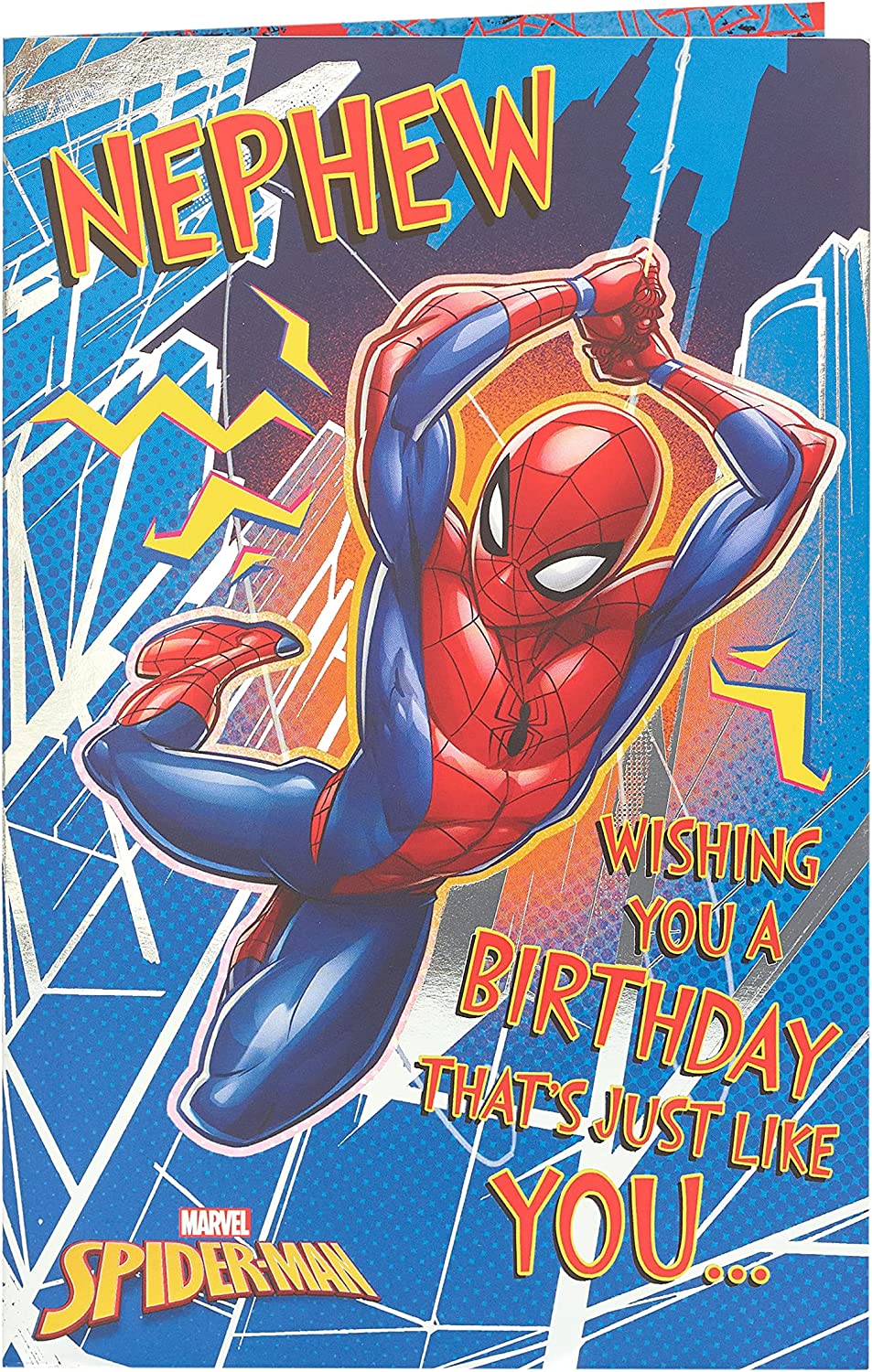 Marvel Spiderman nephew birthday card by UK Greetings, featuring Spiderman illustration on colorful greeting card.