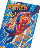 UK Greetings Marvel Spiderman Nephew birthday greeting card featuring Spiderman illustration on colorful card.