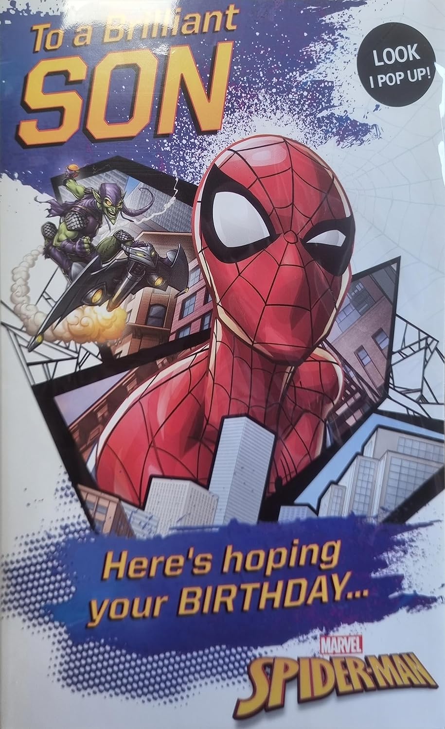 Marvel Spiderman pop-up birthday greeting card for son by UK Greetings, featuring Spiderman in a dynamic pose.