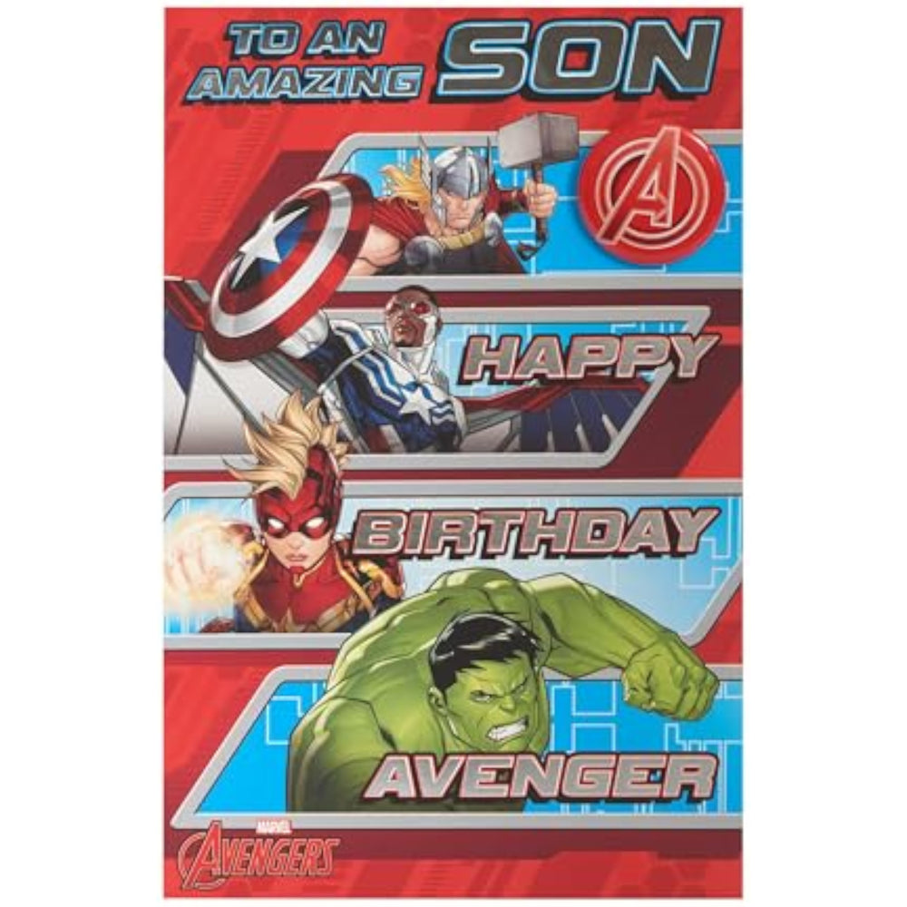 UK Greetings Marvel Avengers birthday card for son featuring a red and split design with superhero imagery.