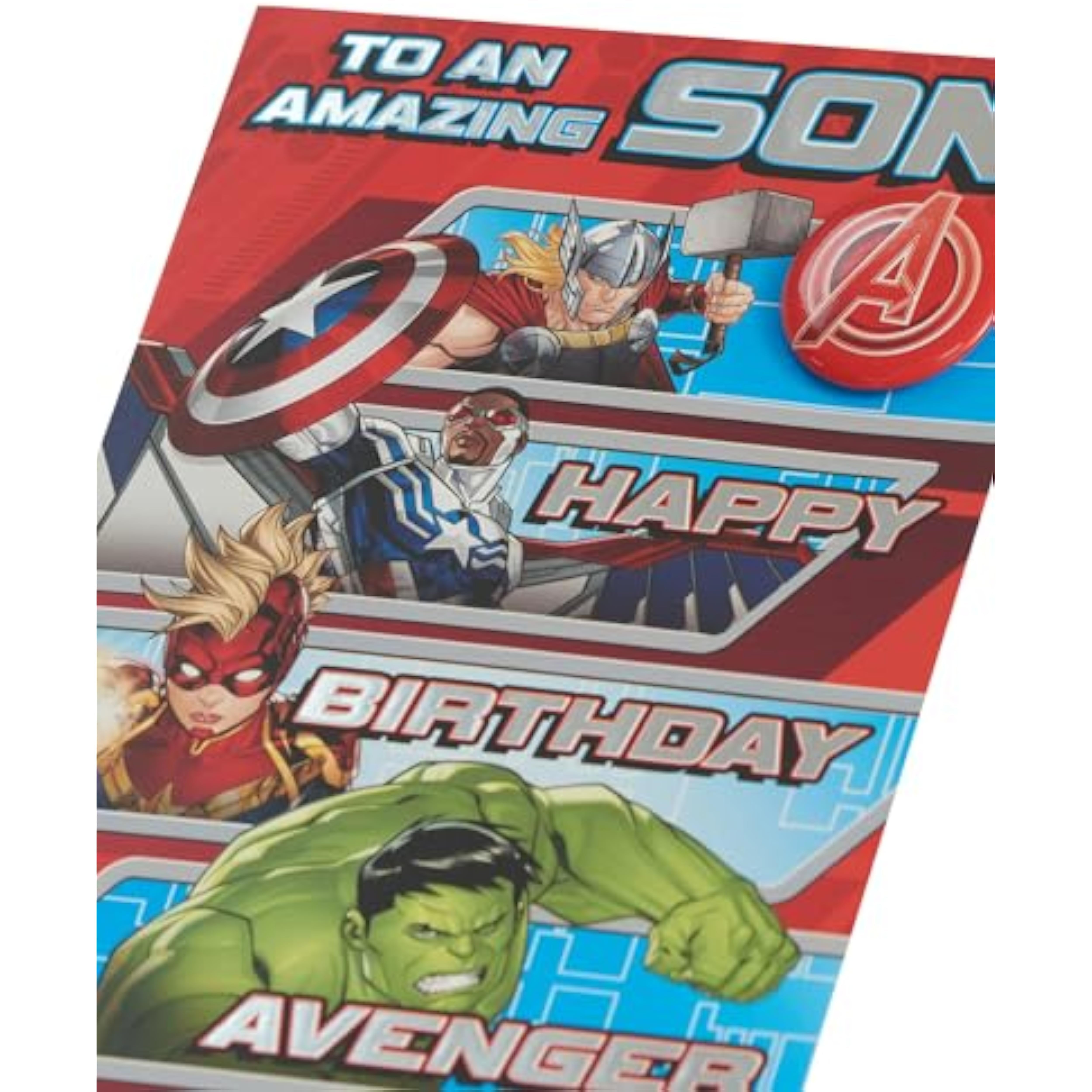 UK Greetings Marvel Avengers birthday card for son featuring a bold red split design with superhero imagery.