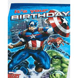 UK Greetings Marvel Avengers pop-up birthday card featuring colorful superhero design and vibrant comic book artwork.