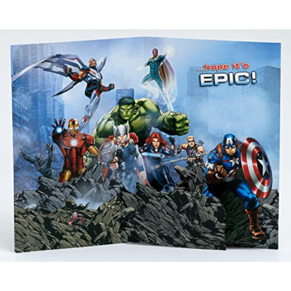 UK Greetings Marvel Avengers pop-up birthday card featuring vibrant superhero design and colorful illustrations.