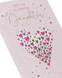 UK Greetings Mini Hearts Daughter Birthday Card featuring a colorful heart design on the front, perfect for celebrating her special day.