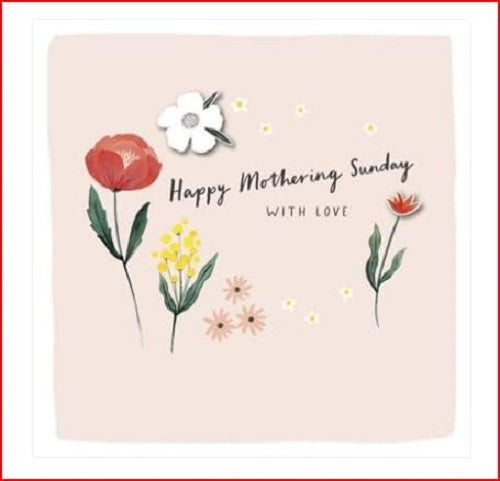 UK Greetings Mother's Day card featuring "Happy Mothering Sunday" with love, designed for celebrating moms.