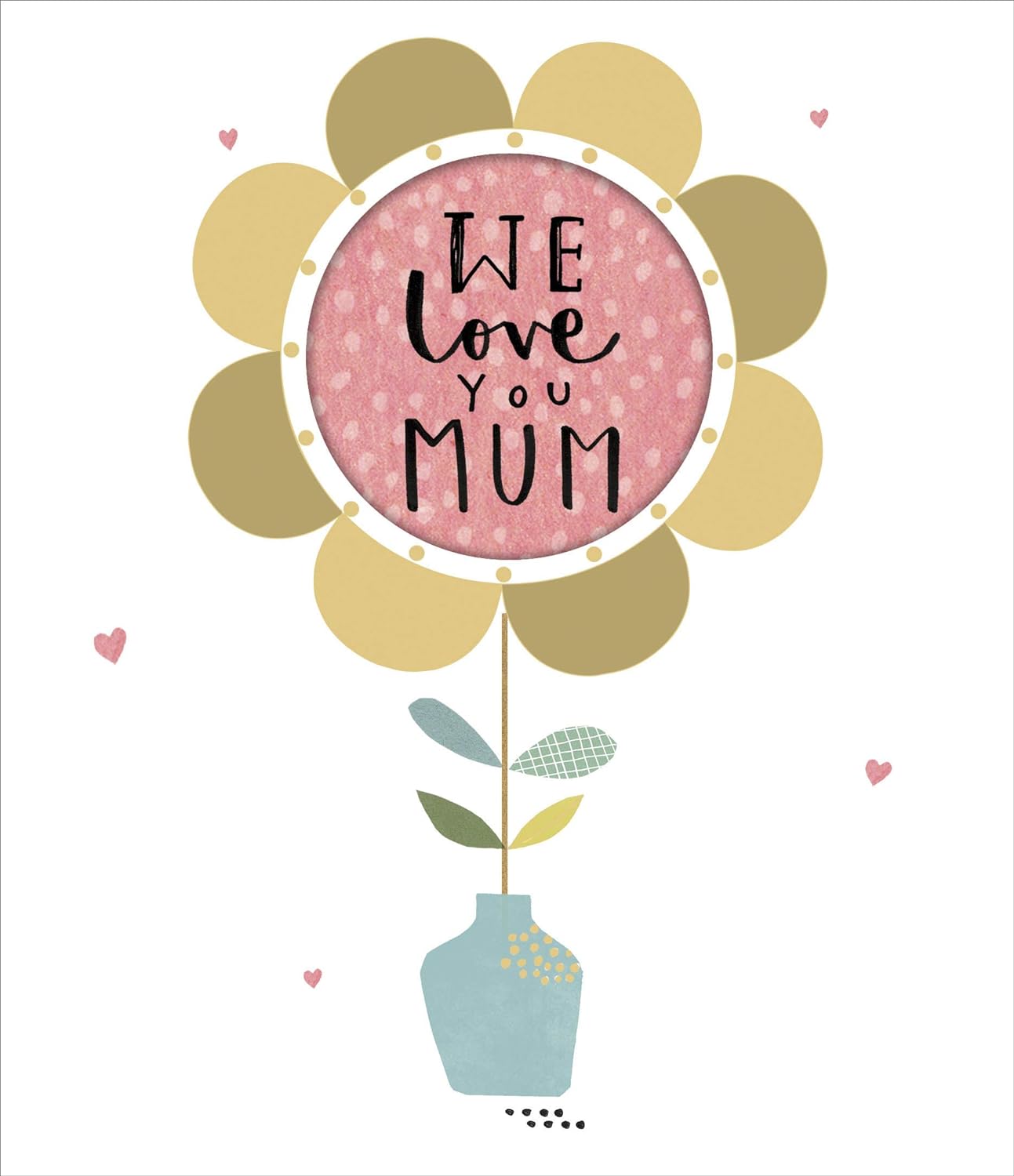 UK Greetings Mother's Day card featuring "We Love You Mum" design with foil finish, decorated with floral accents and heartfelt message.