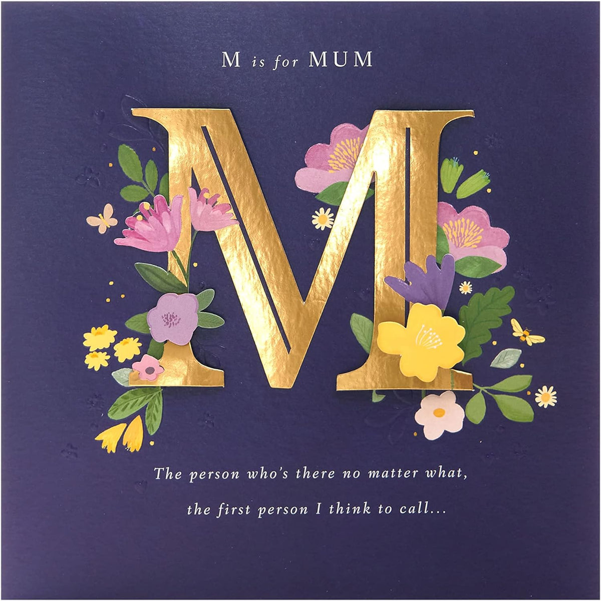 UK Greetings Mother's Day greeting card with bold letter design in dark blue, 210x210mm, shown with envelope.
