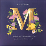 UK Greetings Mother's Day greeting card with bold letter design in dark blue, 210x210mm, shown with envelope.