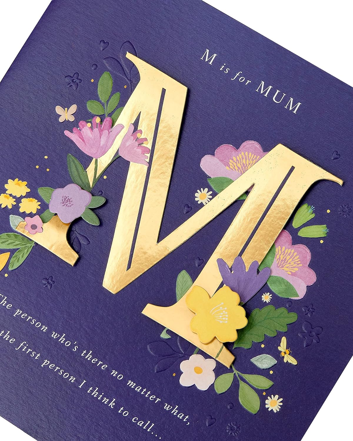 UK Greetings Mother's Day card with envelope, dark blue bold letter design, 210x210mm, featuring a stylish greeting card image.