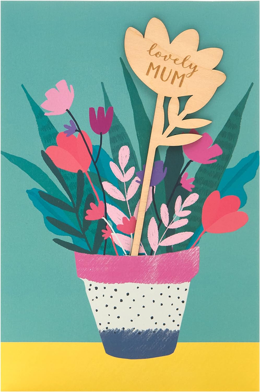 UK Greetings Mother's Day card with bright potted plant design and envelope, measuring 149 x 229mm, greeting card for special occasions