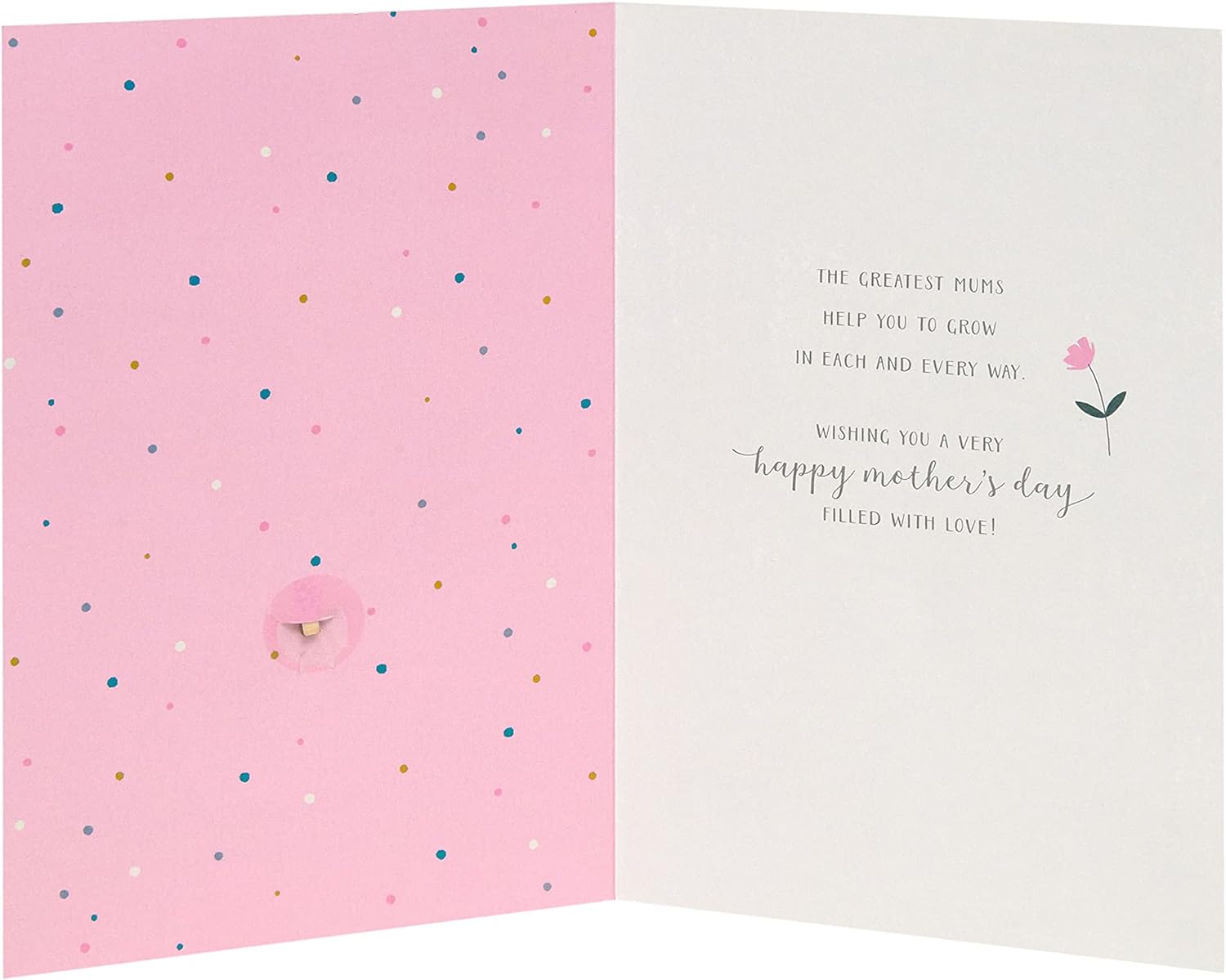 UK Greetings Mother's Day card with bright potted plant design and envelope, featuring cheerful floral artwork.