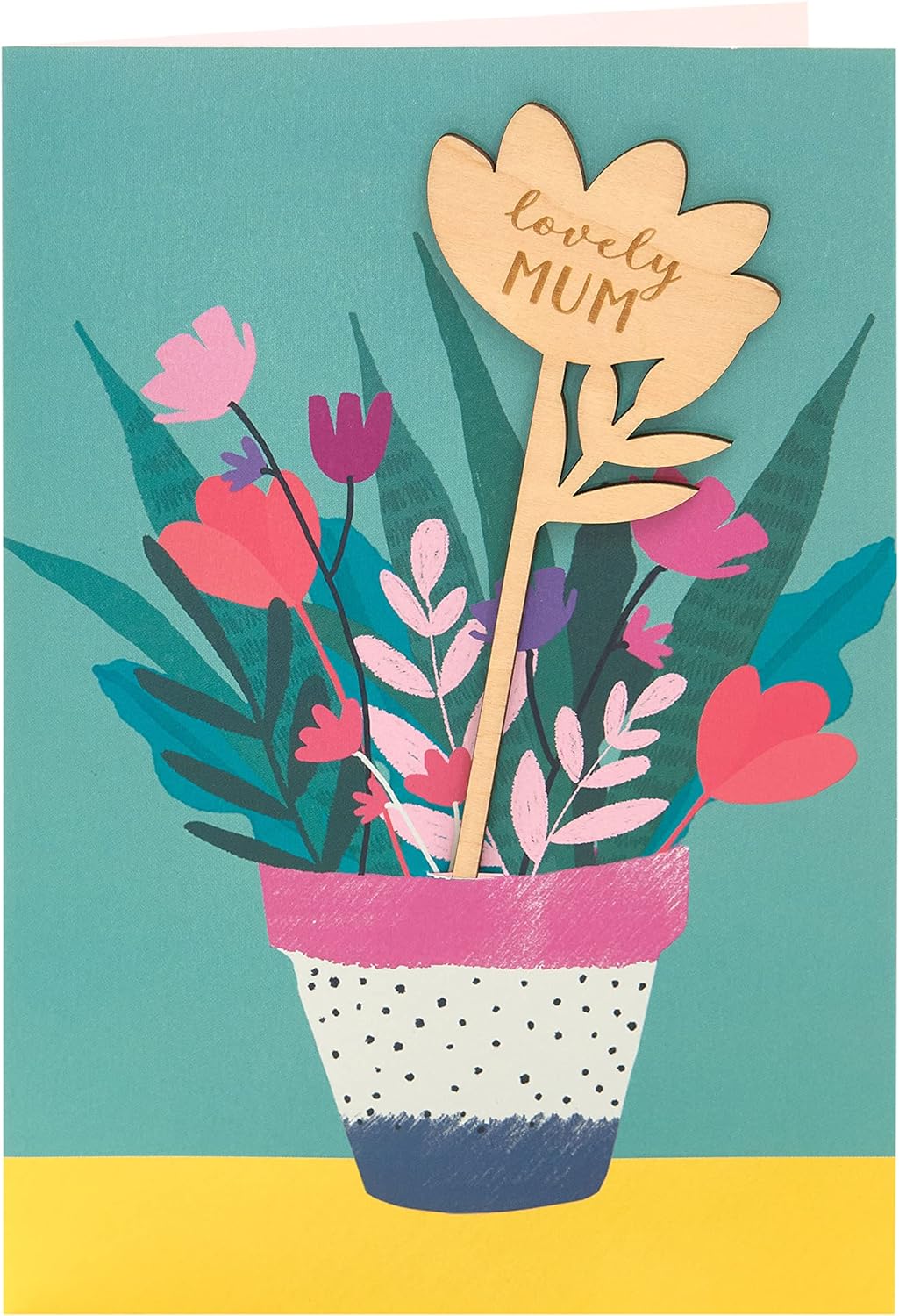 UK Greetings Mother’s Day card with envelope featuring bright potted plant design, size 149 x 229mm, decorative greeting card for moms.