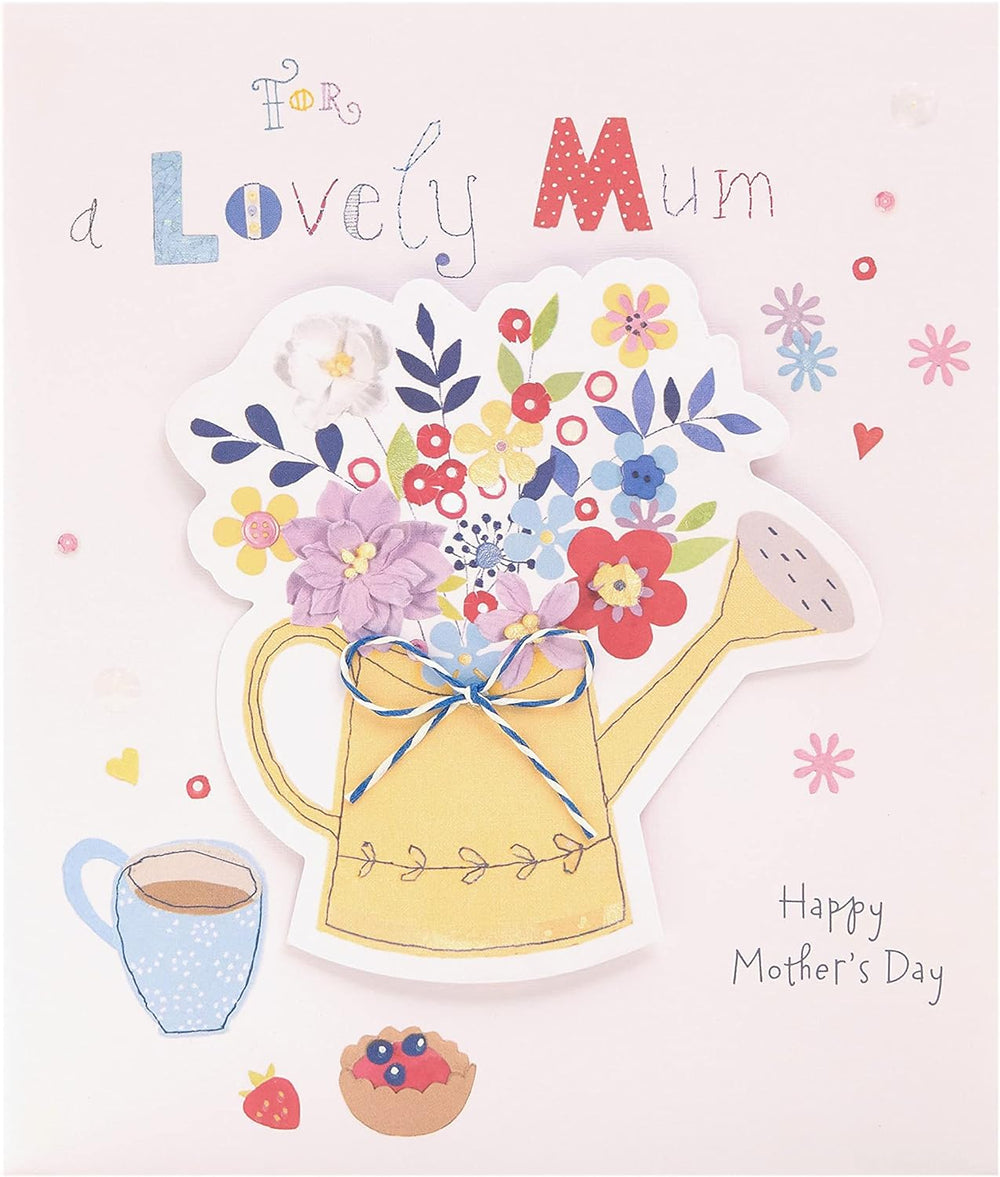 UK Greetings Mother's Day card with envelope featuring a cute watering can design, 186x186mm, perfect for celebrating moms.