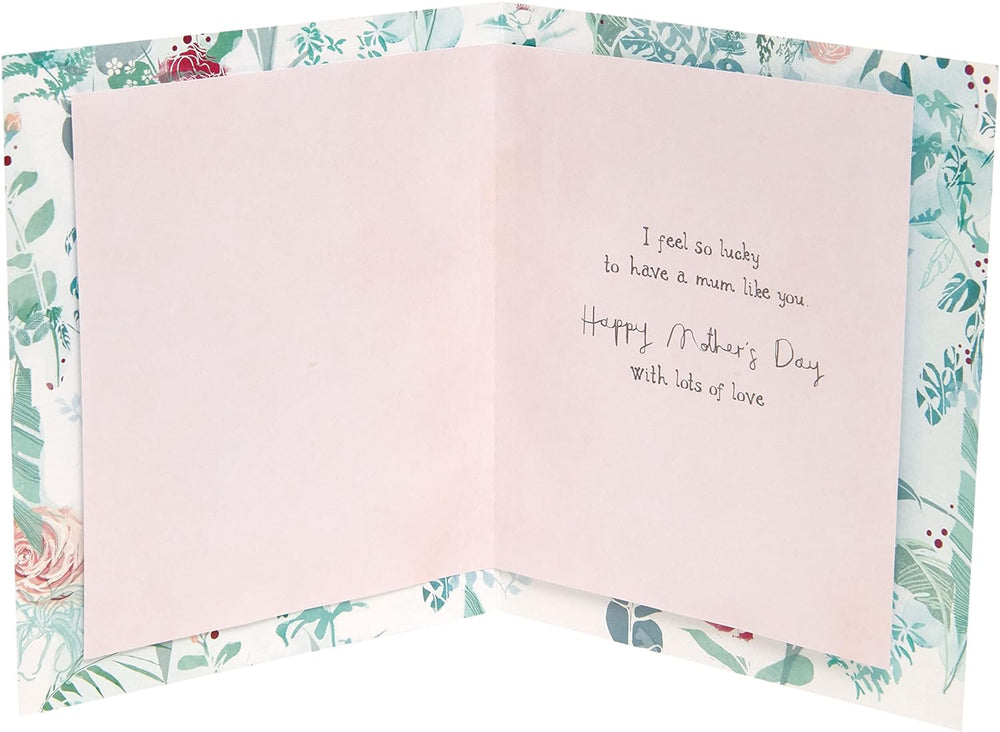 UK Greetings Mother's Day card with envelope featuring a heart and leaves design, measuring 159x184mm.