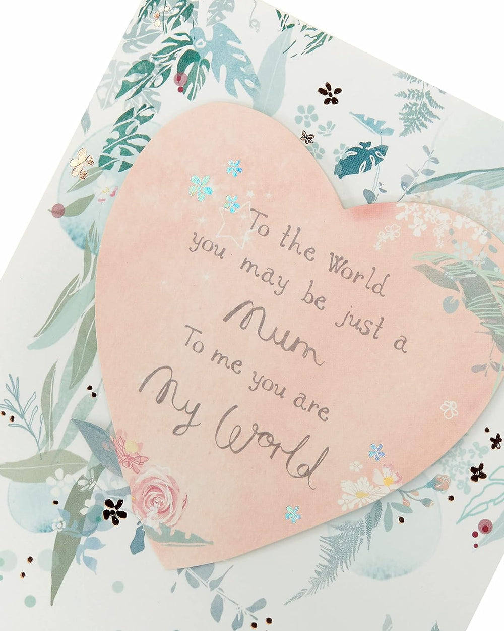 UK Greetings Mother's Day card with envelope, featuring a heart and leaves design, measuring 159 x 184mm.