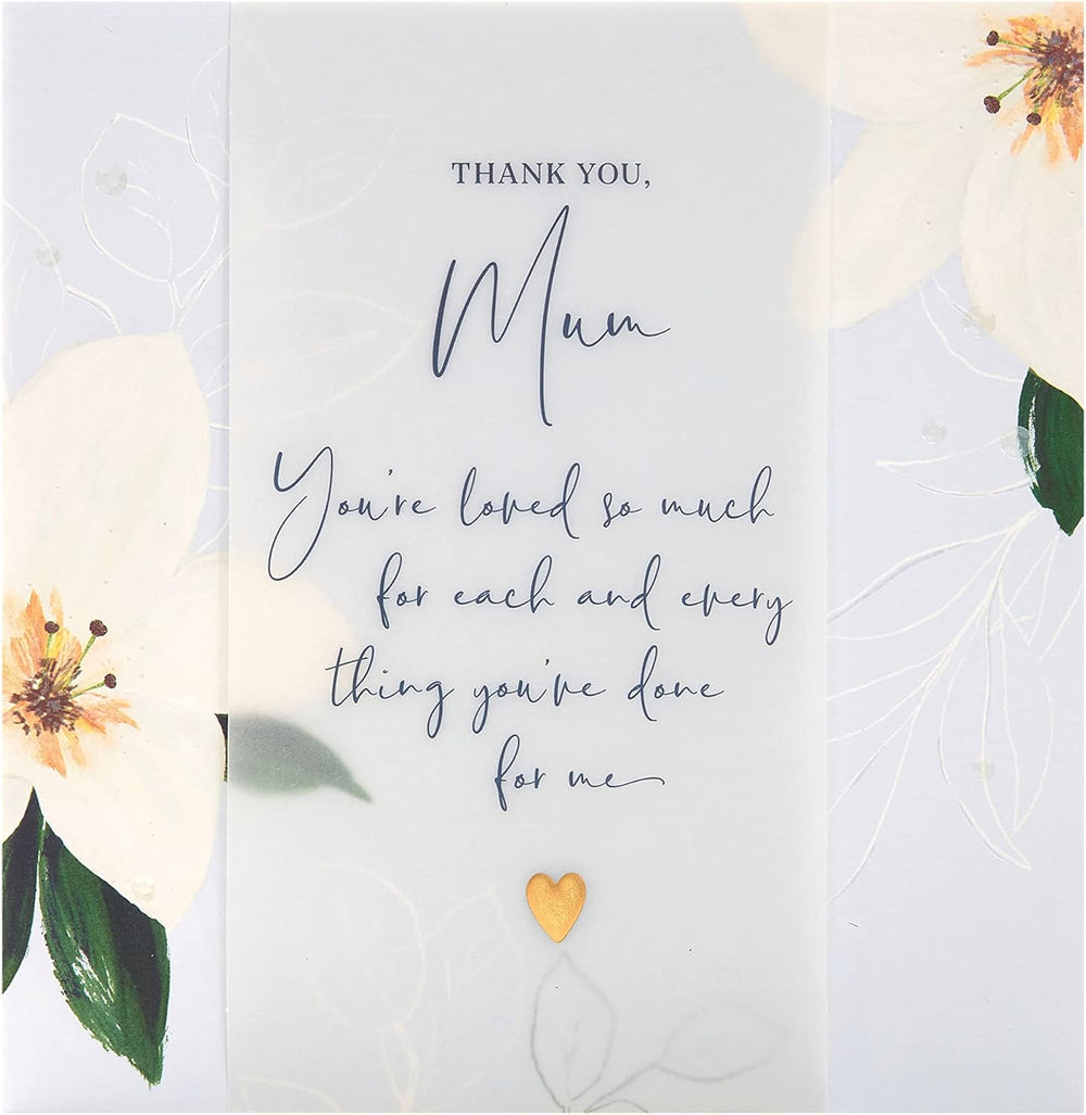 UK Greetings Mother's Day card with light flower design, 210x210mm, shown with envelope, suitable for celebrating moms.