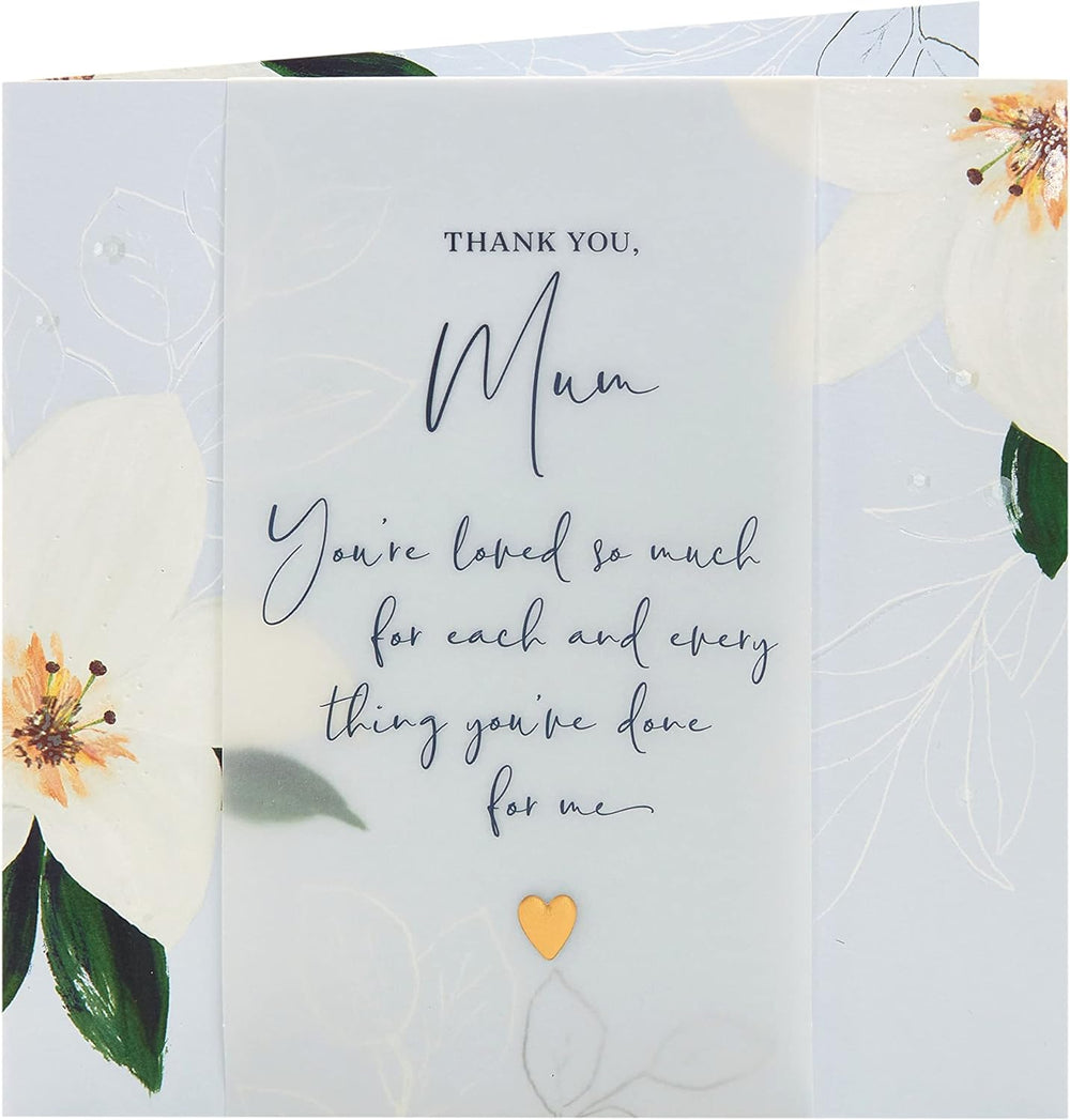 UK Greetings Mother's Day card with envelope, light flower design, 210x210mm, featuring floral artwork and greeting message.