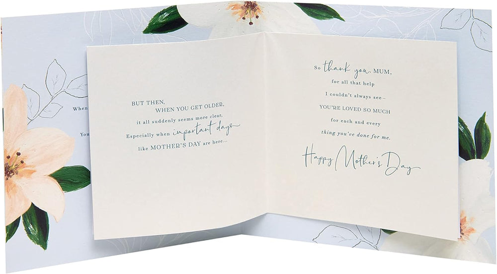 UK Greetings Mother's Day card with light flower design and envelope, 210 x 210mm, featuring floral artwork on greeting card.