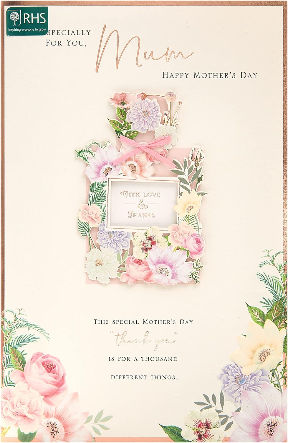 UK Greetings Mother's Day card with envelope featuring a pretty perfume design in white, measuring 194 x 295mm.