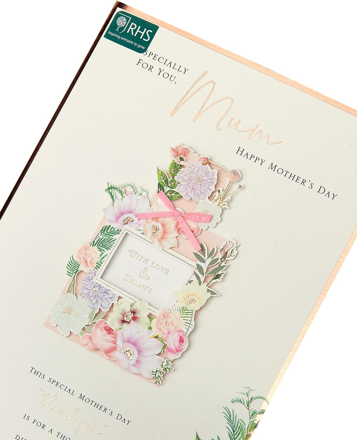 UK Greetings Mother's Day card with envelope featuring a pretty perfume design, white background, measuring 194 x 295mm.