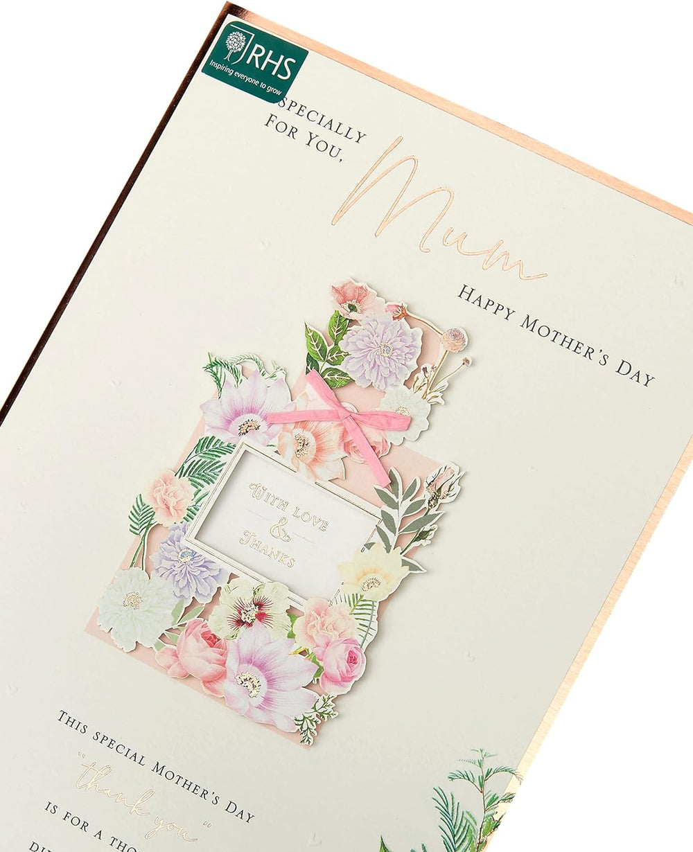 UK Greetings Mother's Day card with envelope featuring a pretty perfume design, white background, measuring 194 x 295mm.