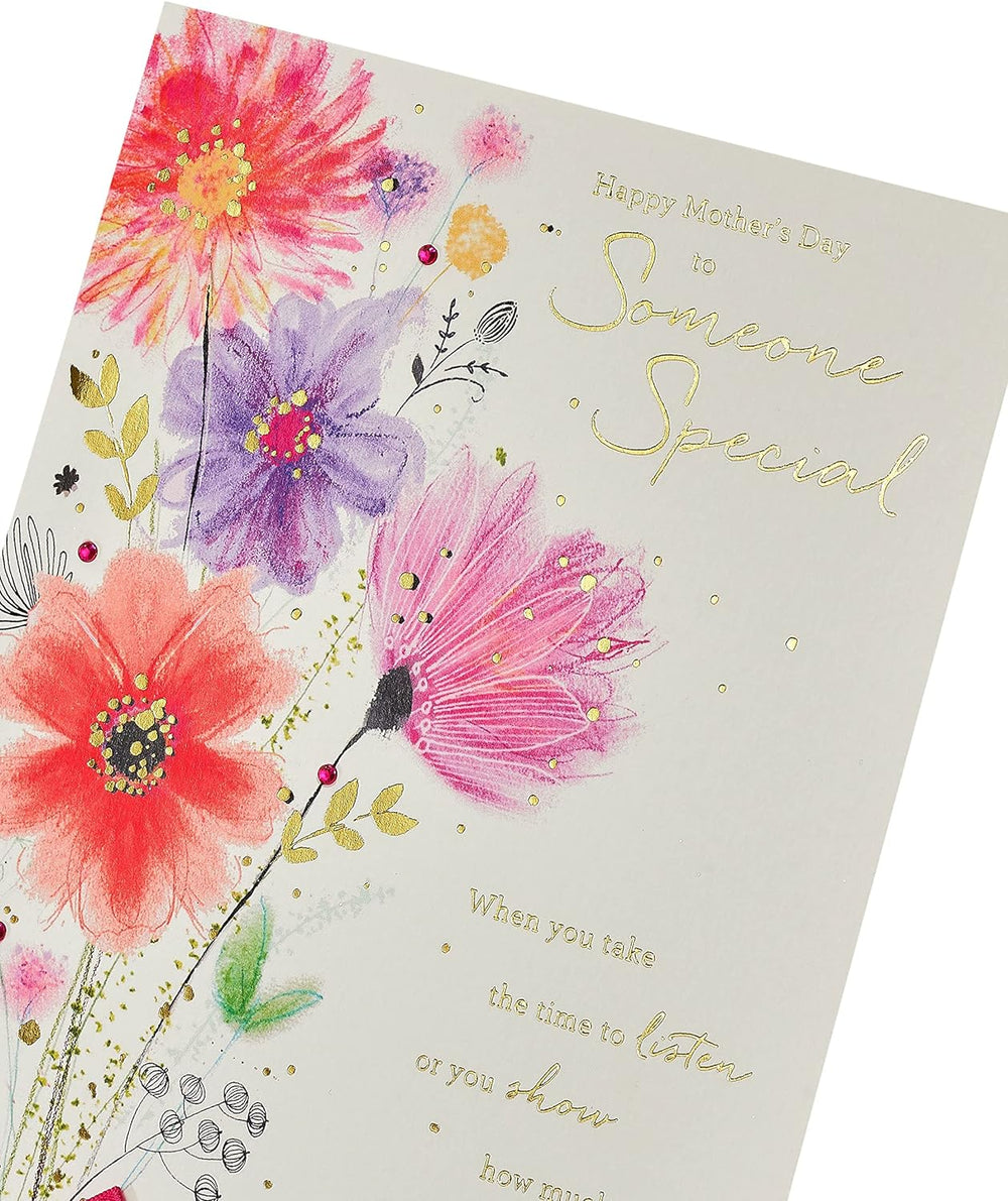 UK Greetings Mother’s Day card with envelope featuring Someone Special design, showcasing colorful floral artwork and heartfelt message.