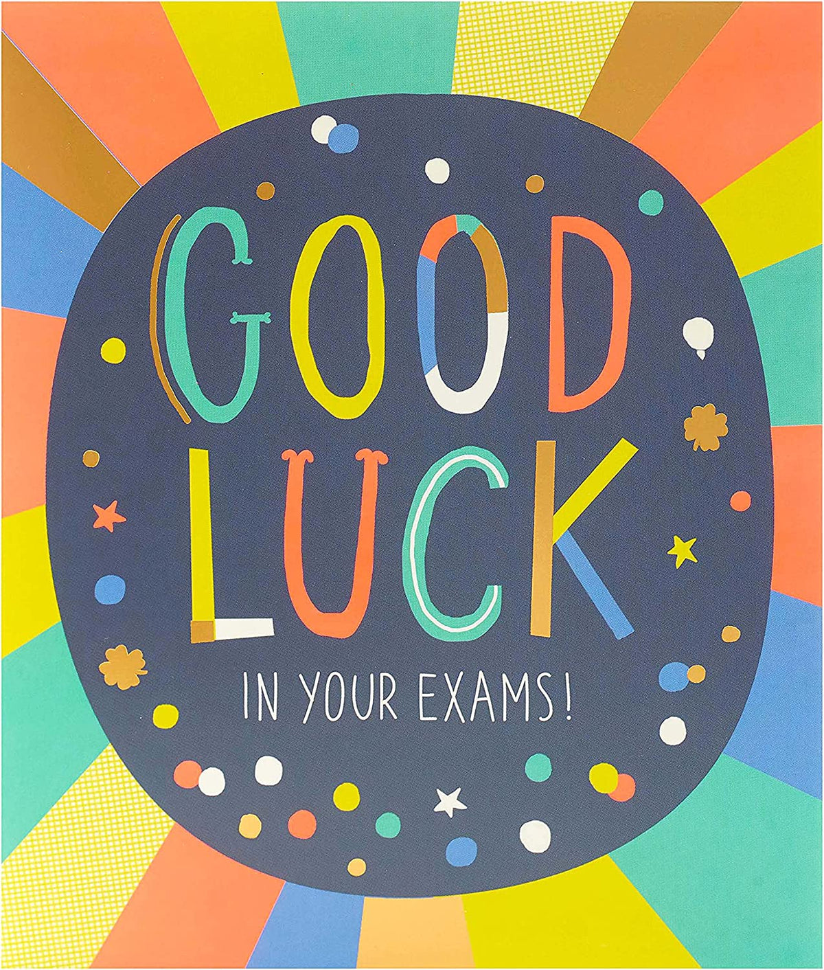UK Greetings multicolour design good luck exam greeting card with festive patterns and cheerful message, suitable for students.
