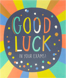 UK Greetings multicolour design good luck exam greeting card with festive patterns and cheerful message, suitable for students.