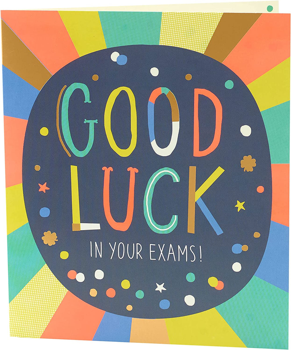UK Greetings multicolour exam good luck greeting card with cheerful design and handwritten-style message for students.