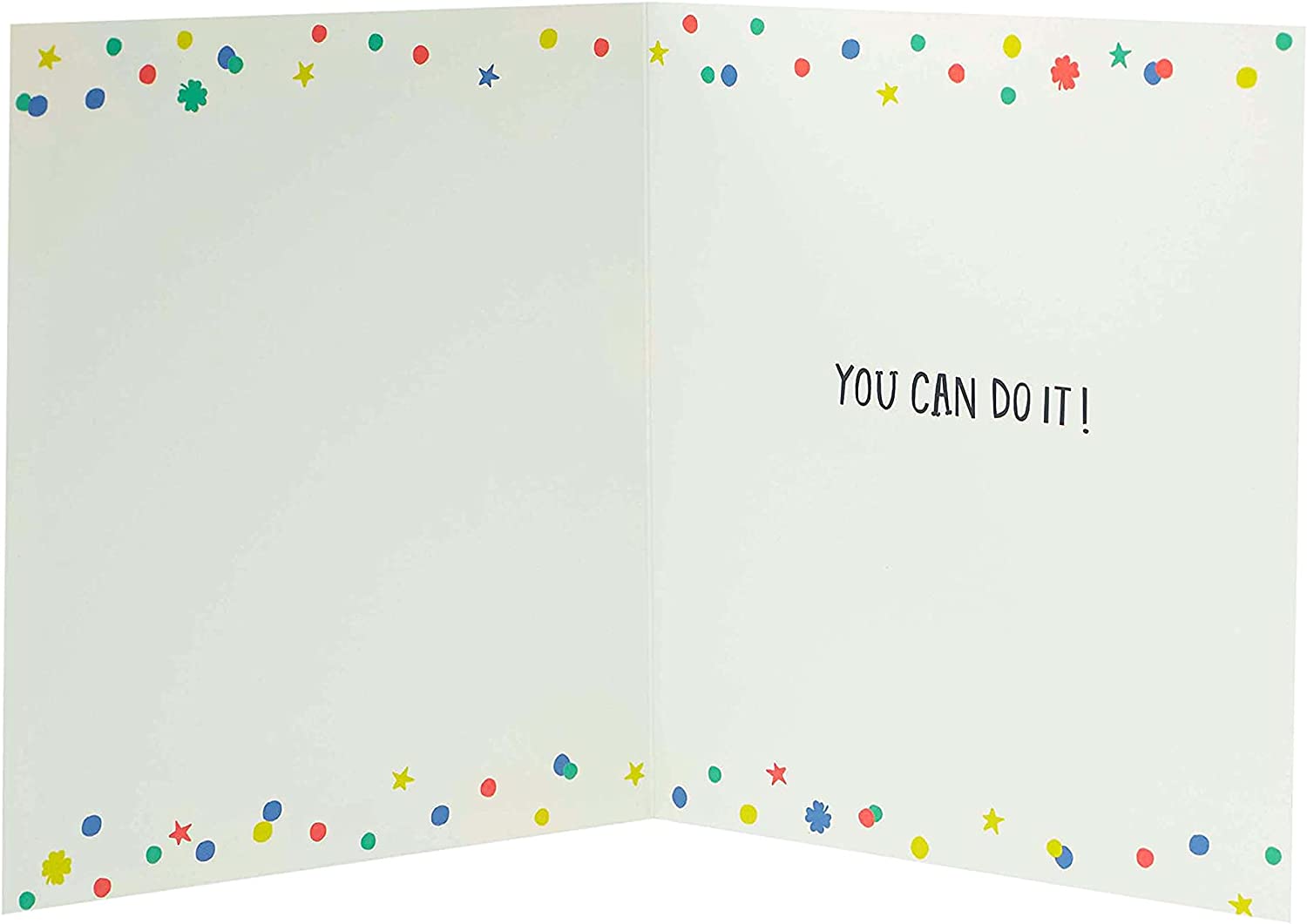UK Greetings multicolour design good luck exam card featuring vibrant colors and cheerful message for students.