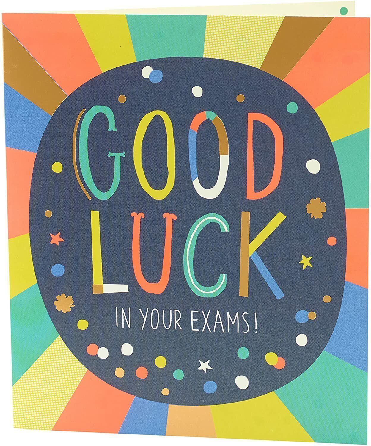UK Greetings multicolour design good luck exam greeting card featuring vibrant colors and cheerful message for students.