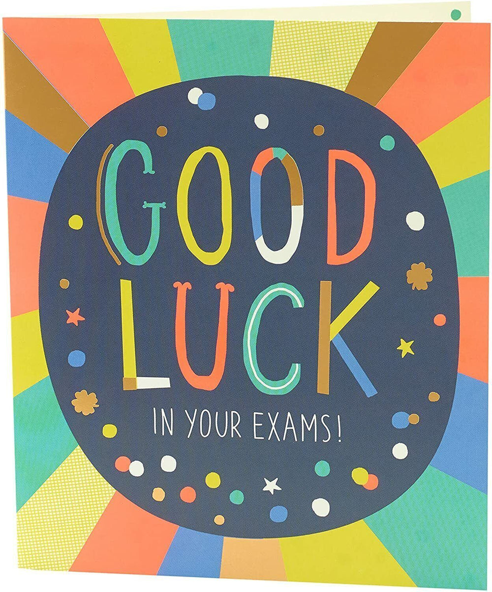 UK Greetings multicolour design good luck exam greeting card featuring vibrant colors and cheerful message for students.