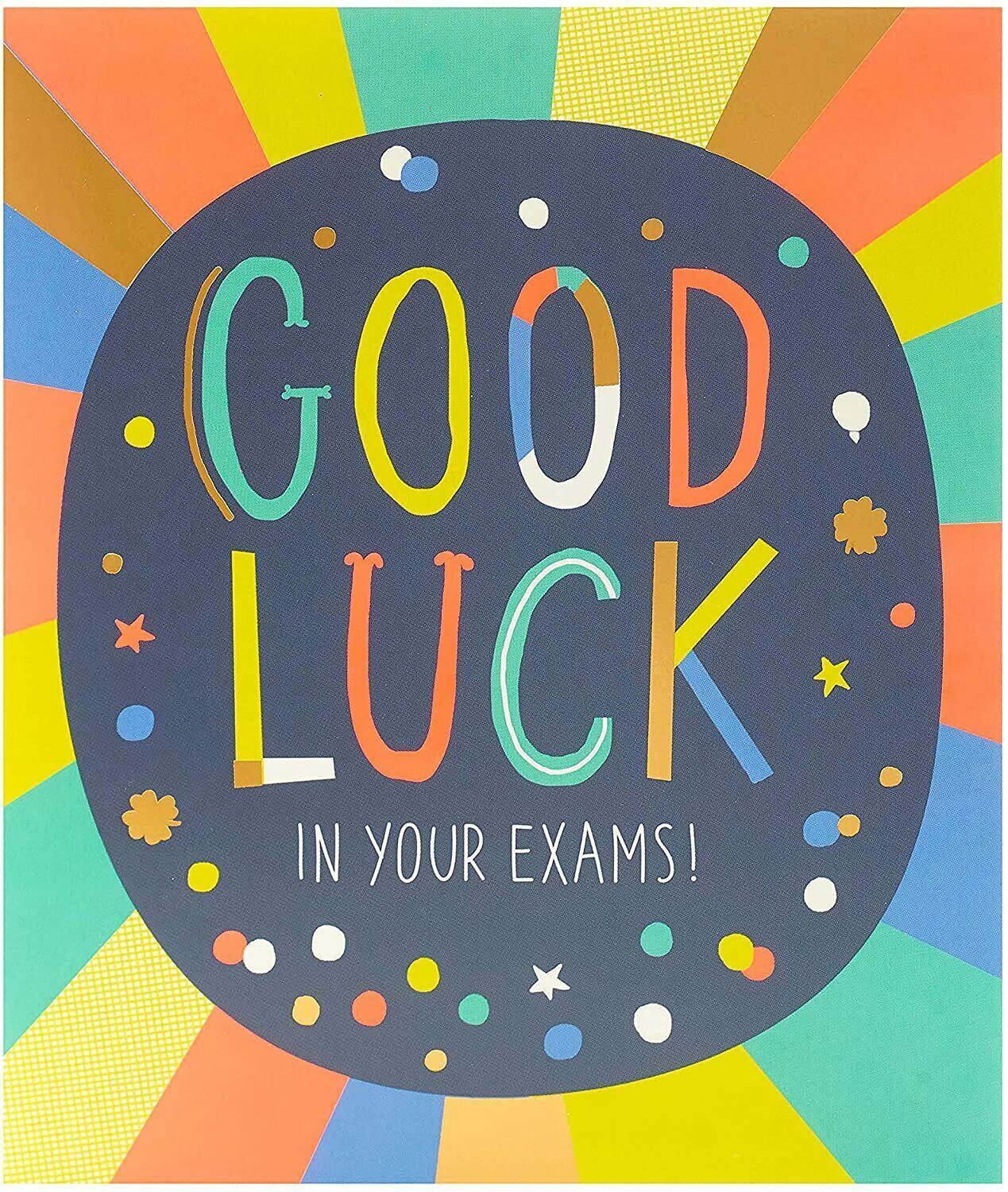 UK Greetings multicolour design good luck in your exams greeting card with vibrant colors and cheerful message.