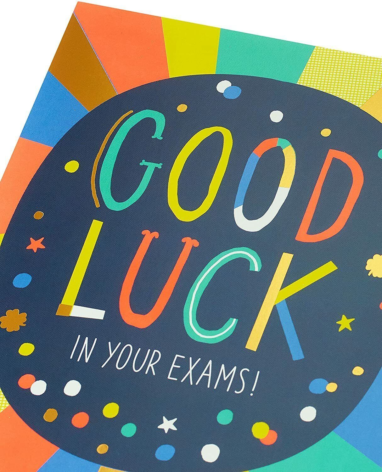 UK Greetings multicolour design good luck in your exams greeting card with cheerful patterns and encouraging message.