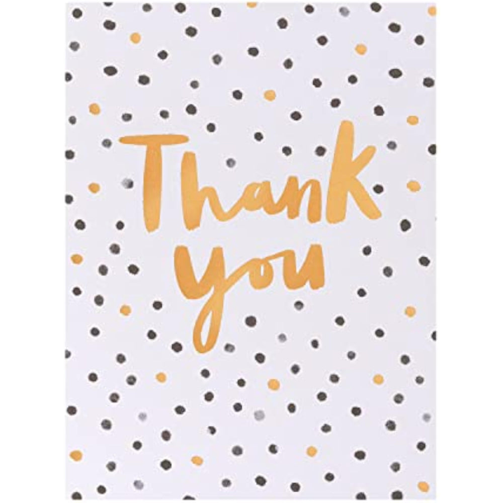 Set of 10 UK Greetings thank you greeting cards for him, her, or friends featuring black and gold spotty design, 130mm by 100mm.