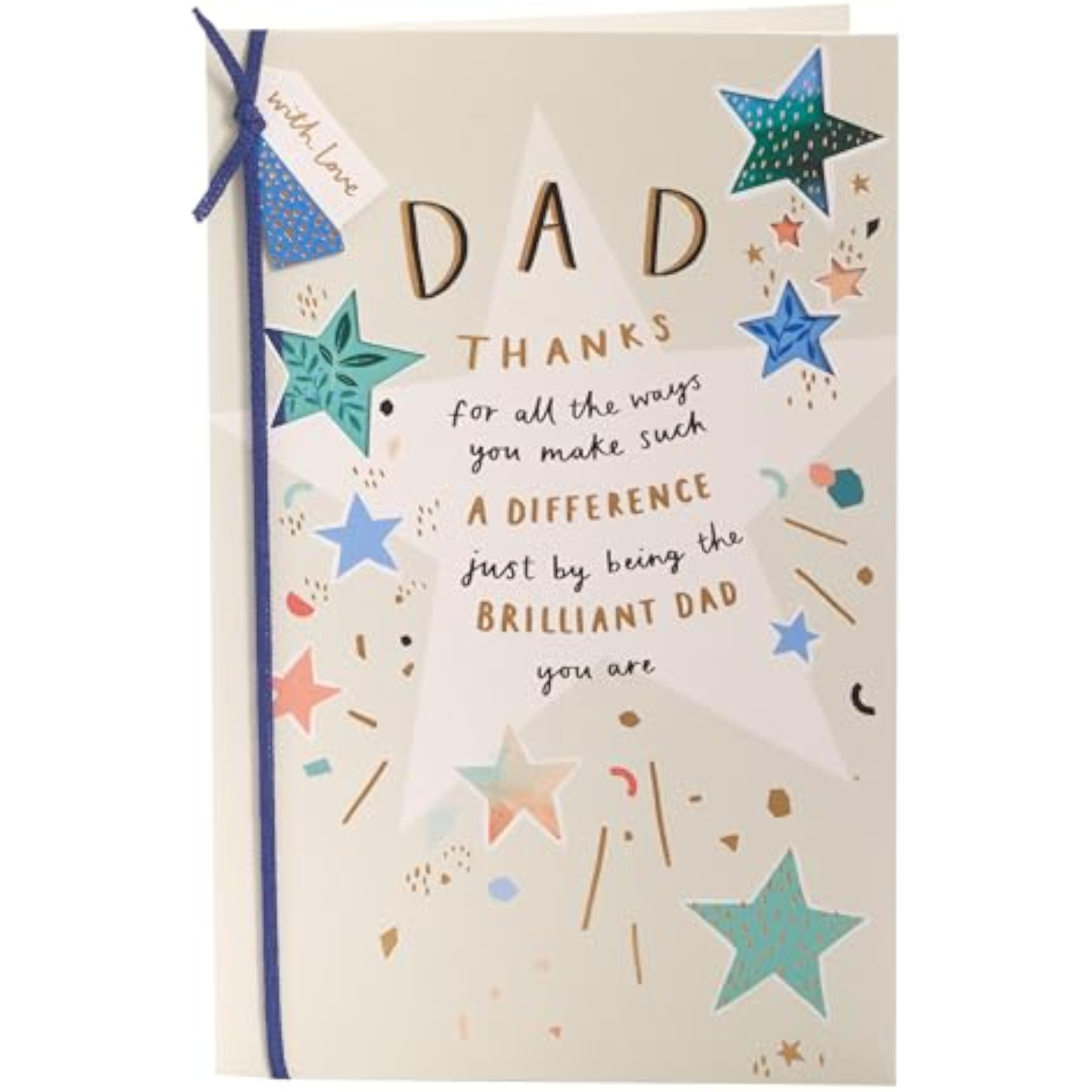 UK Greetings Dad birthday card featuring multiple star designs, colorful and festive greeting card for dads.