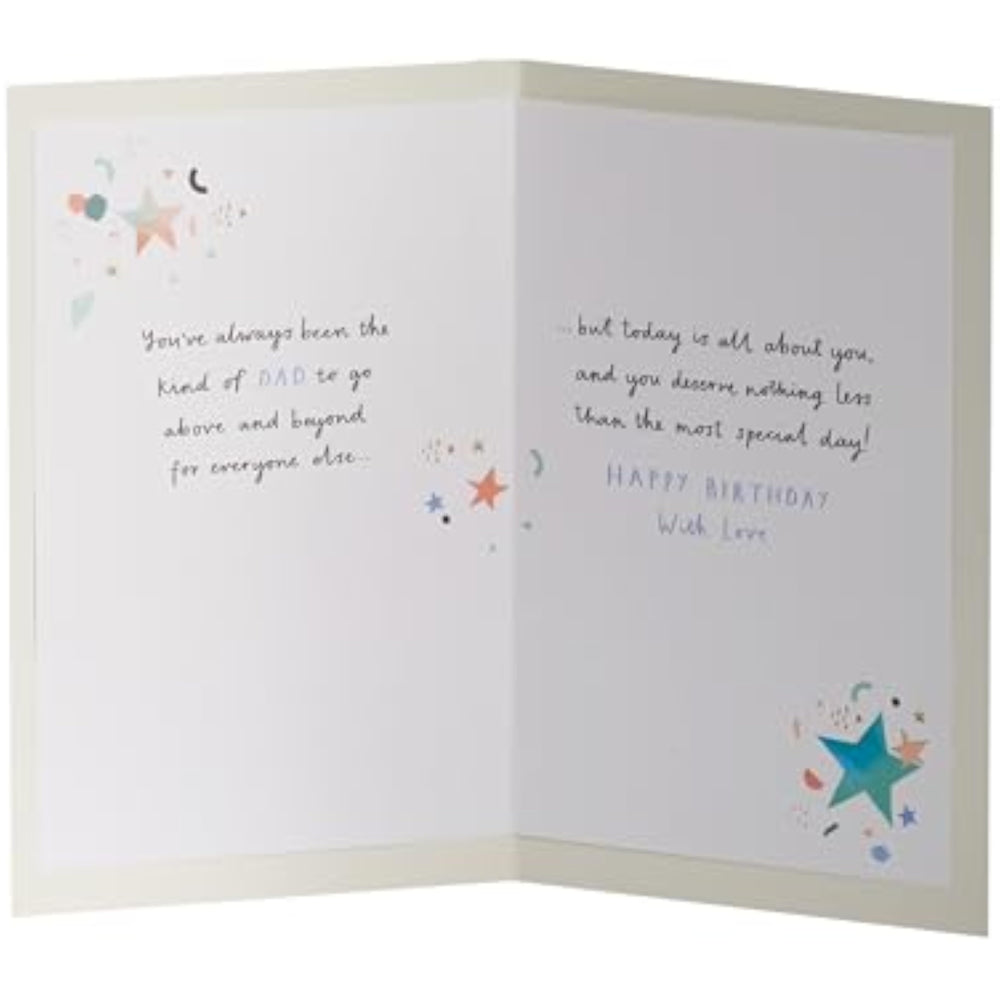 UK Greetings Dad birthday card with colorful multiple stars design, featuring cheerful greeting card artwork for special celebrations
