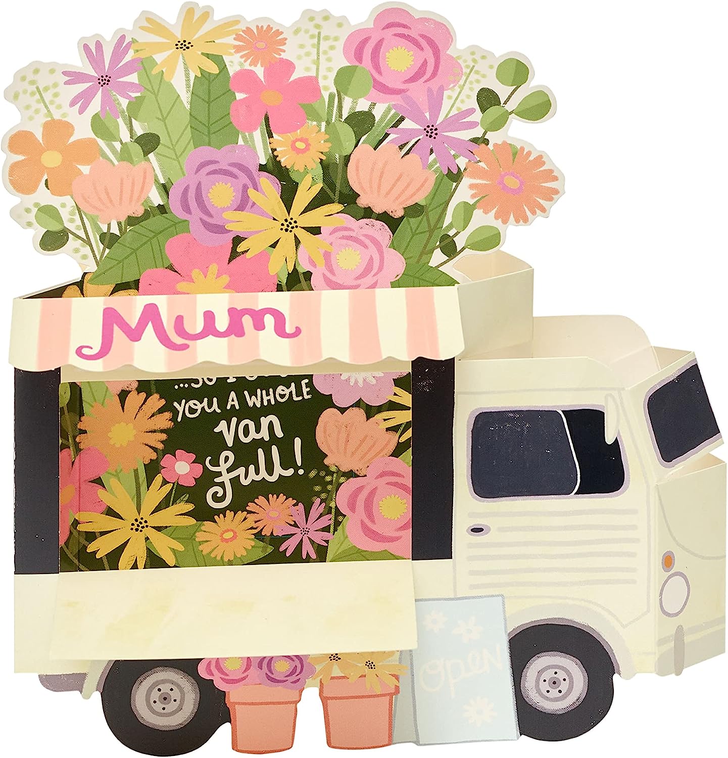 UK Greetings Mum 3D Pop-Up Flower Van birthday greeting card with colorful floral design and intricate paper craft details.
