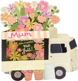 UK Greetings Mum 3D Pop-Up Flower Van birthday greeting card with colorful floral design and intricate paper craft details.