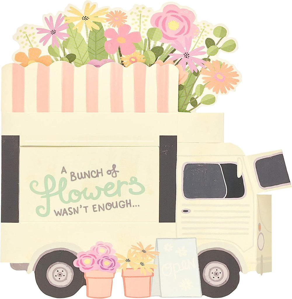 UK Greetings Mum 3D pop-up flower van birthday card with colorful floral design and festive details.