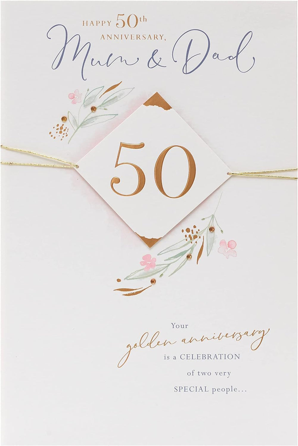 UK Greetings Mum and Dad 50th Golden Anniversary greeting card with elegant gold design and heartfelt message.