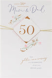 UK Greetings Mum and Dad 50th Golden Anniversary greeting card with elegant gold design and heartfelt message.