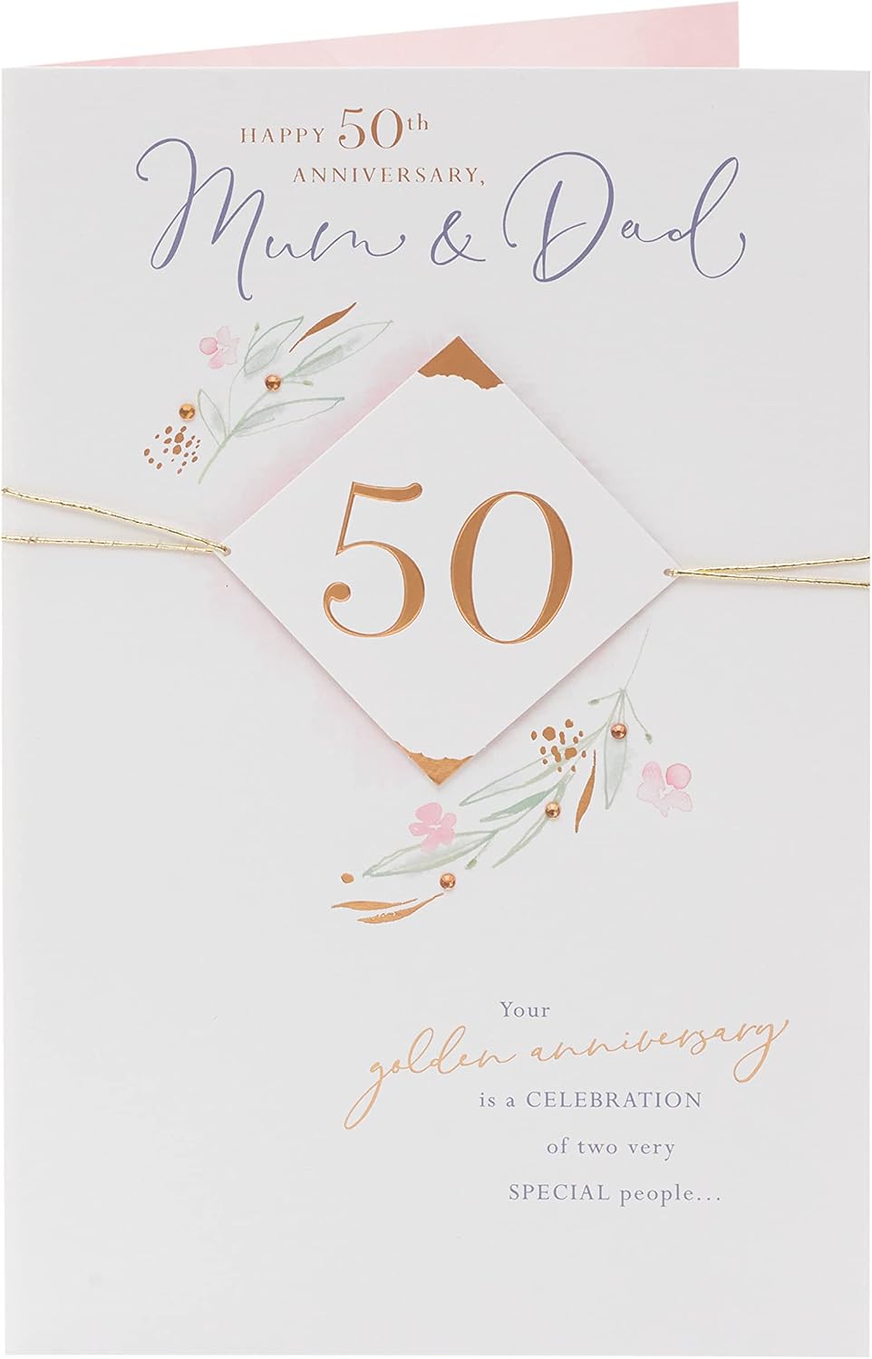UK Greetings Mum and Dad 50th Golden Anniversary greeting card with elegant gold accents and heartfelt message for special celebration
