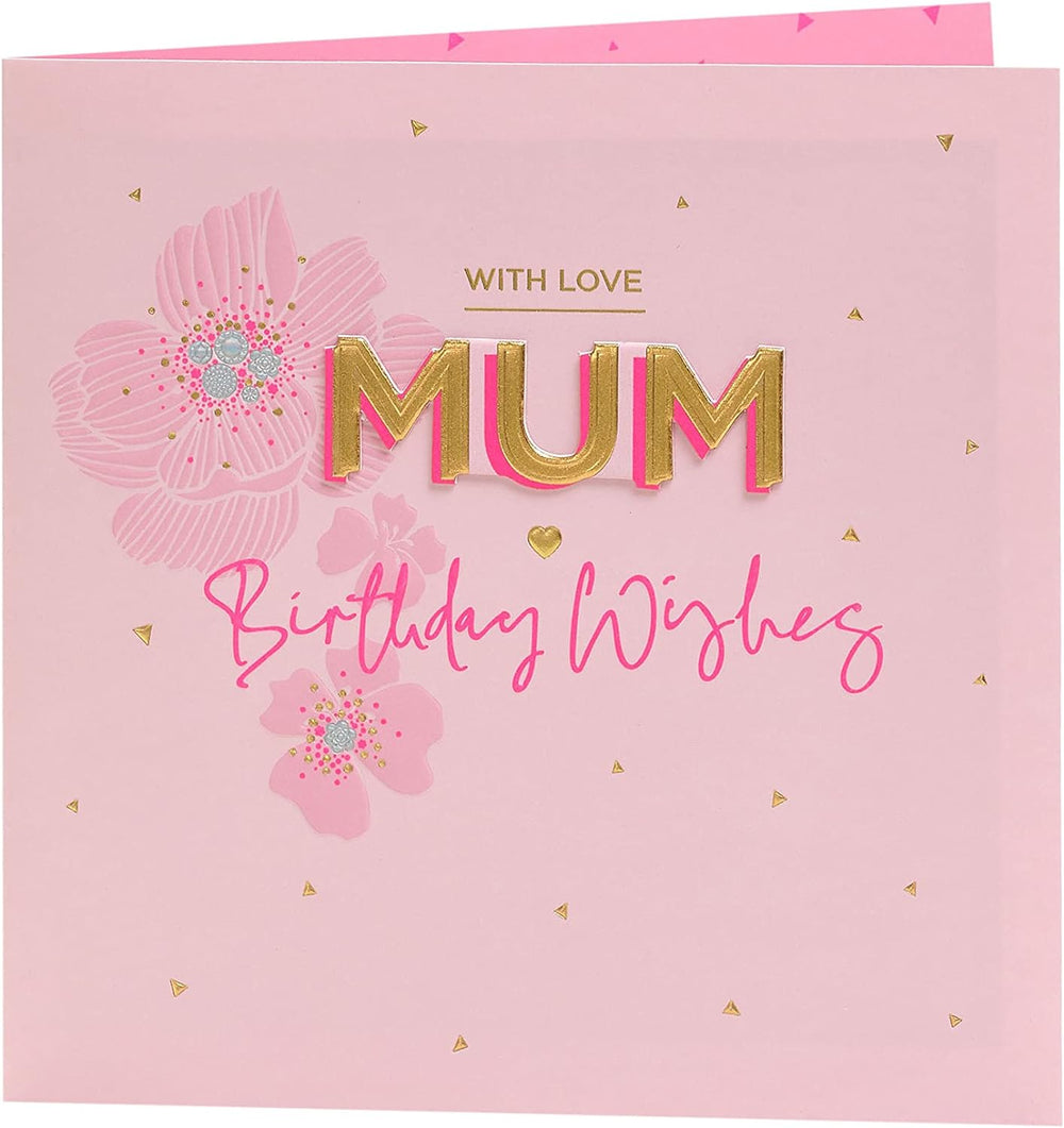 Pink flower design UK Greetings Mum birthday greeting card with envelope, featuring floral artwork and heartfelt message inside.