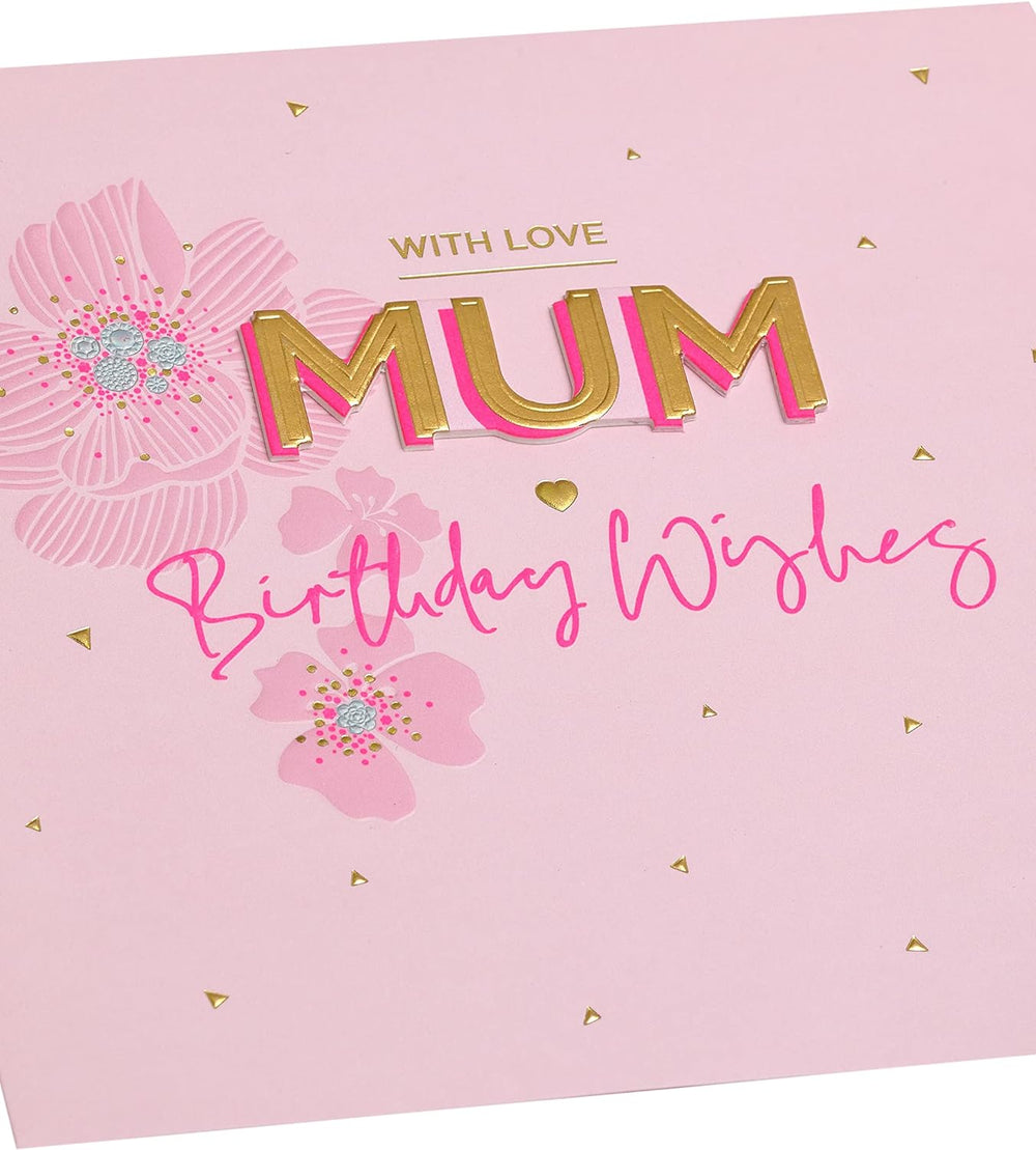 Pink flower design UK Greetings Mum birthday greeting card with envelope, featuring floral artwork on the front.