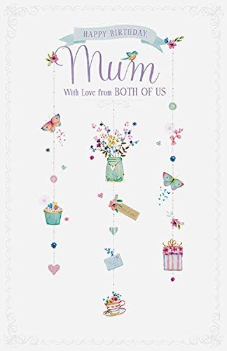 UK Greetings Mum from Both of Us birthday card featuring colorful floral design and heartfelt message inside.