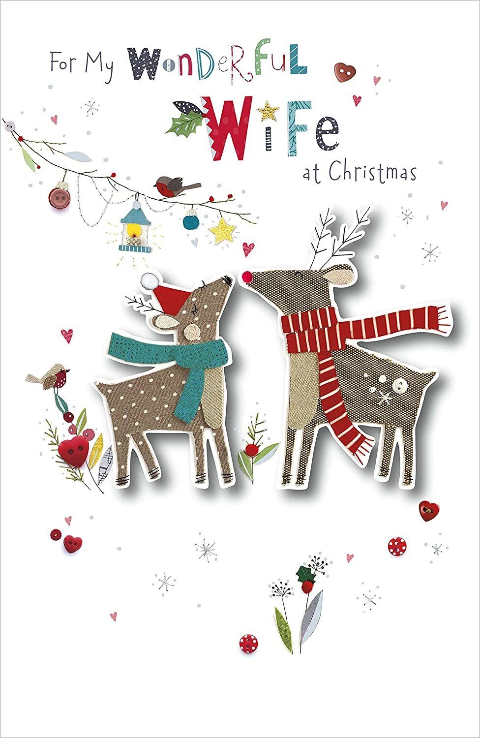 UK Greetings My Wonderful Wife Christmas greeting card featuring a button box design, perfect for holiday wishes.