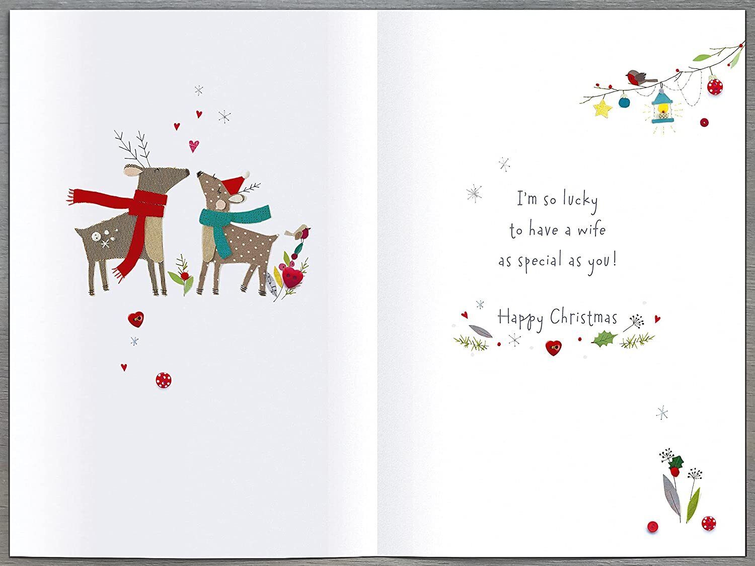 UK Greetings My Wonderful Wife Christmas greeting card with button box design, featuring festive imagery and heartfelt message.