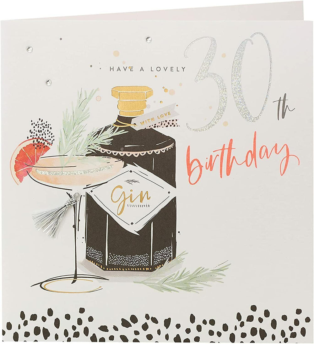 UK Greetings Neon Lustre 30th Birthday Gin Greetings Card featuring vibrant neon design and festive birthday message.